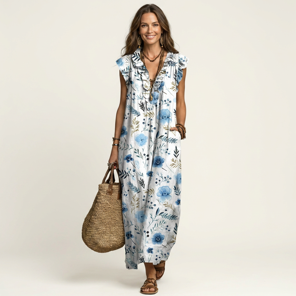 Odetta | Vestito Maxi con Volant e Scollo a V