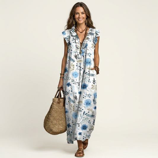 Odetta | Vestito Maxi con Volant e Scollo a V