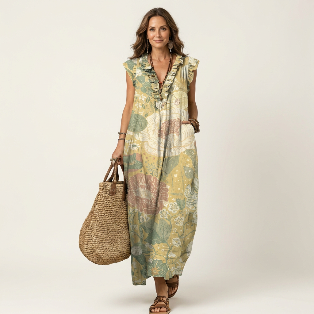 Palmira | Vestito Maxi con Volant e Scollo a V