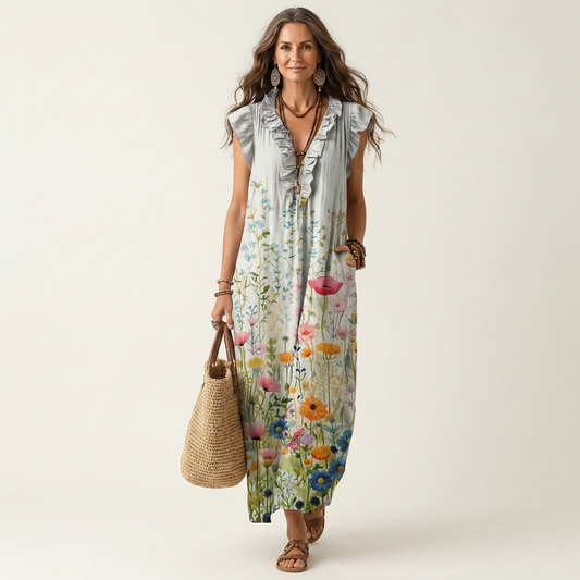 Speranza | Vestito Maxi con Volant e Scollo a V