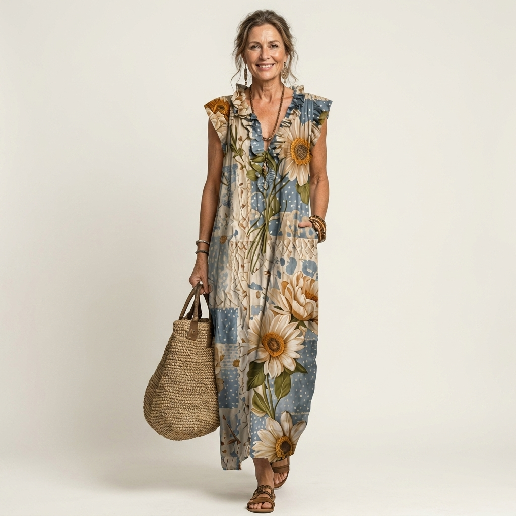 Lidia | Vestito Maxi con Volant e Scollo a V
