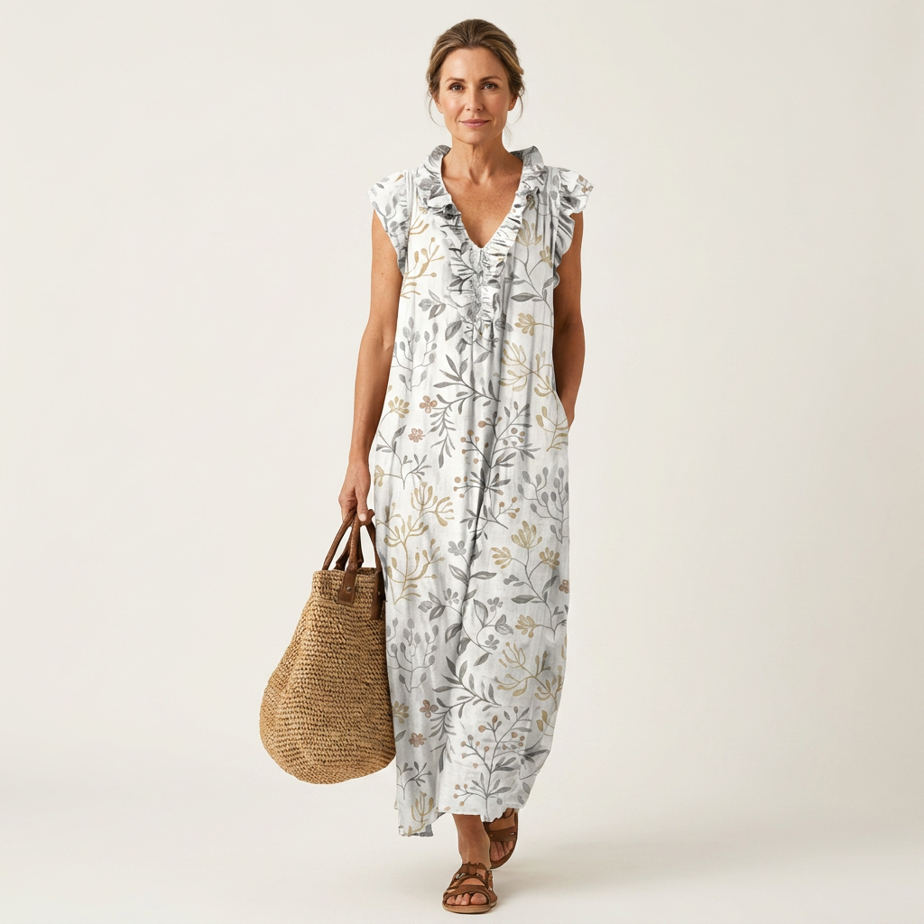 Regina | Vestito Maxi con Volant e Scollo a V