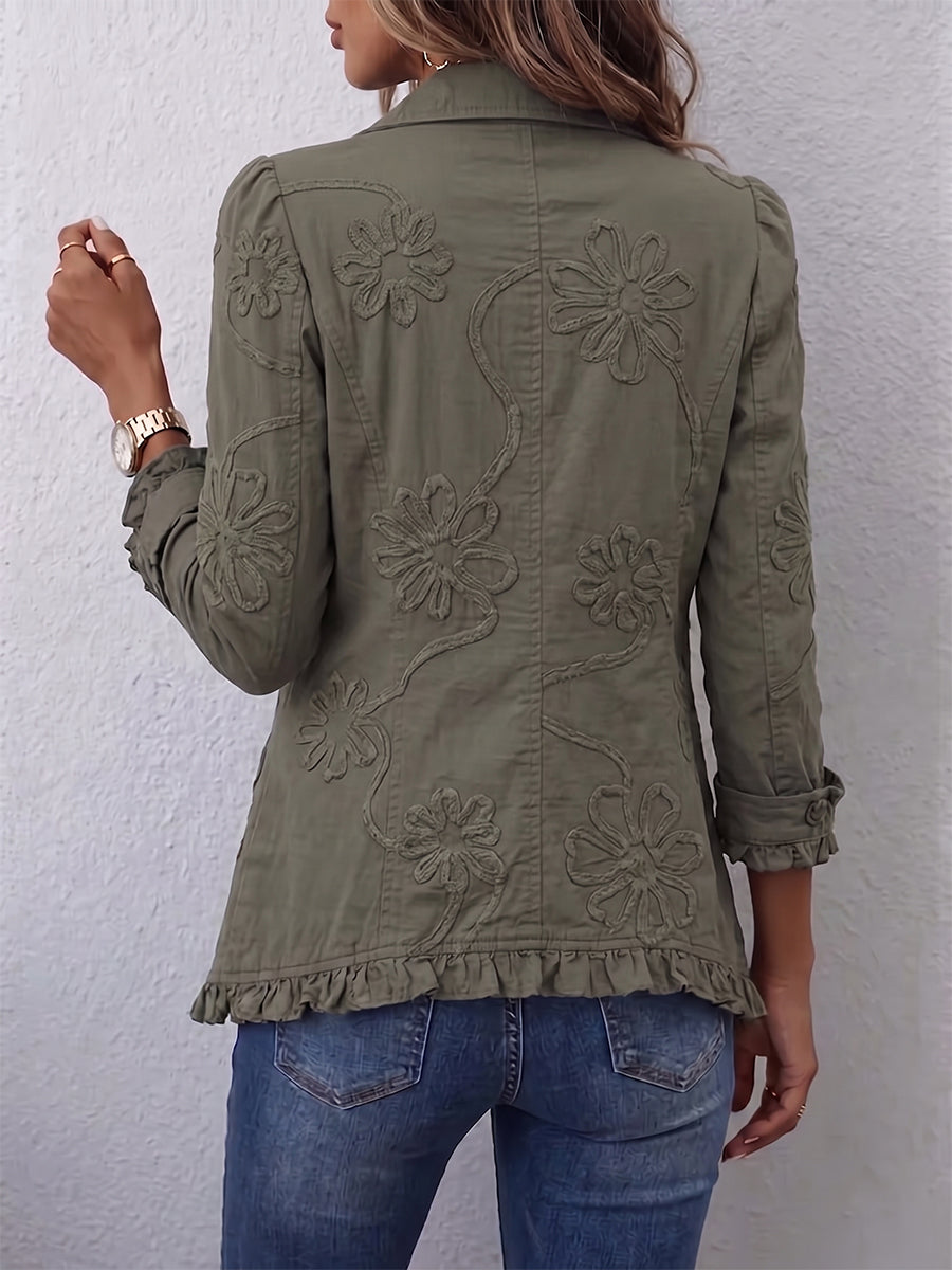Alessandra | Giacca Boho-Chic con Ricamo Floreale e Rifiniture Arricciate