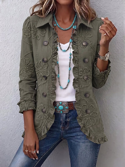 Alessandra | Giacca Boho-Chic con Ricamo Floreale e Rifiniture Arricciate