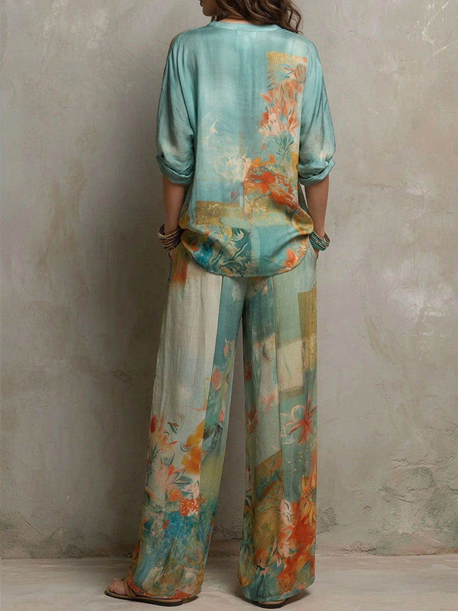 Chiara | Completo elegante con stampa floreale e pantaloni a palazzo