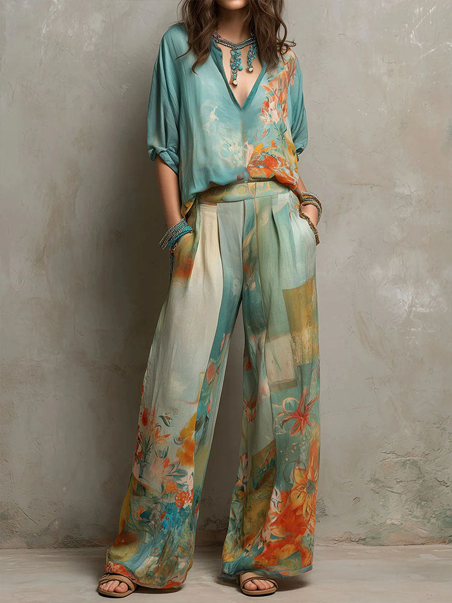 Chiara | Completo elegante con stampa floreale e pantaloni a palazzo