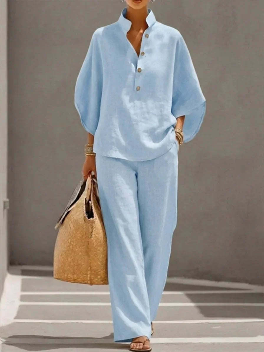 Sophie | Completo in lino con maniche a pipistrello e pantalone largo
