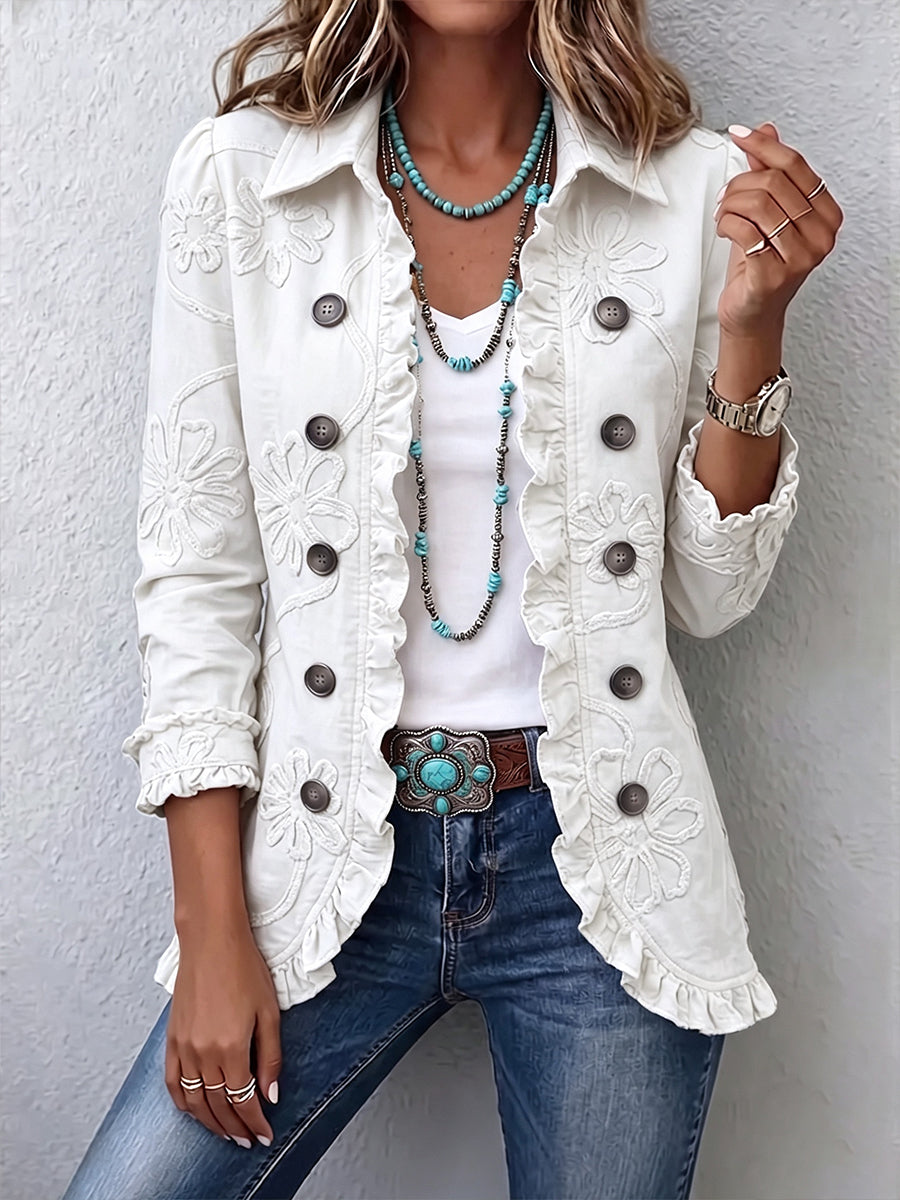Camilla | Giacca Boho-Chic Ricamo Floreale Avorio con Rifiniture Arricciate